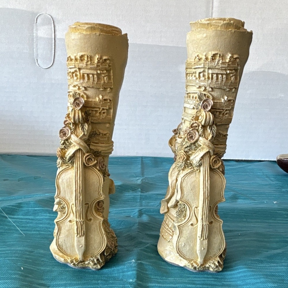 Gorgeous vintage Resin Violin & Flute Music Baroque Pillar Candle Holders, 2